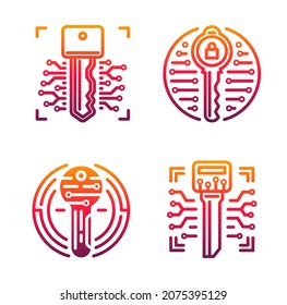 Security key vector icons of cybersecurity and web security design. Digital key and secure access padlock isolated symbols with pink pattern of computer circuit board, data and ddos attack protection