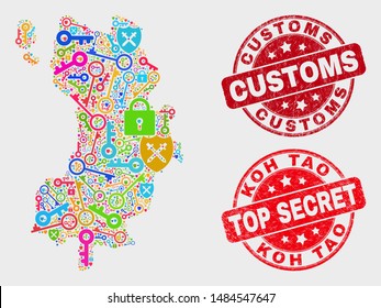 Security Koh Tao map and seal stamps. Red round Top Secret and Customs distress seal stamps. Colored Koh Tao map mosaic of different shield elements. Vector combination for keeping purposes.