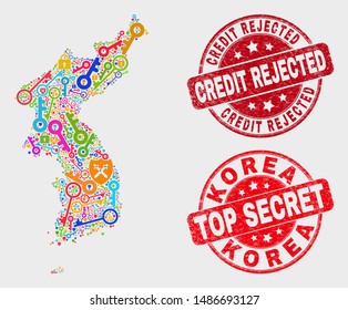 Security Korea map and seal stamps. Red rounded Top Secret and Credit Rejected textured seal stamps. Colored Korea map mosaic of different keeper elements. Vector composition for security purposes.