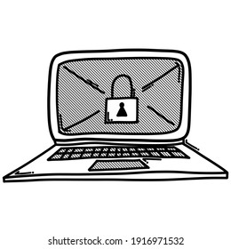 Sicherheitsrechner-Vektor-Symbol für Notebook-Computer. Zeichnen Skizze Illustration handgezeichnet Linie.