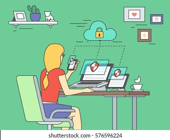 Security for laptop, tablet and smartphone flat contour concept illustration of young woman holds smartphone and working with laptop and tablet pc. Desktop security and multiscreen data protection