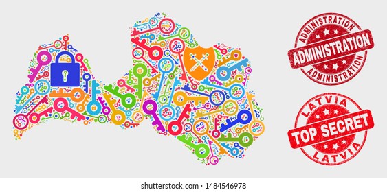 Security Latvia map and seals. Red round Top Secret and Administration grunge seals. Bright Latvia map mosaic of different passkey elements. Vector combination for security purposes.