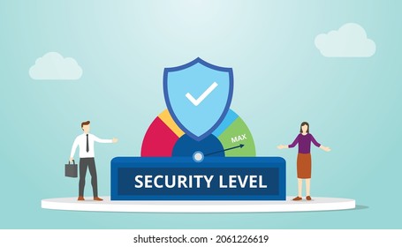 security level concept with secure badge and people team work together with modern flat style