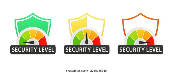 Security level. Loading scale. Company brand, gaming levels, corporate license, training criteria, with shield label design on a white isolated background. Vector illustration