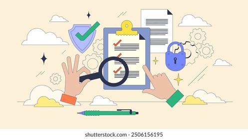 Revisión del ciclo de vida de la seguridad para el concepto de neutralismo diminuto del chequeo de la protección. Sistemas de la empresa y monitoreo de seguridad de bases de datos utilizando Ilustración vectorial de software basada en la nube. Auditoría o análisis del ciberespacio