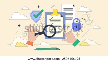 Security lifecycle review for protection checkup tiny neubrutalism concept. Company systems and database safety monitoring using cloud based software vector illustration. Cyberspace audit or analysis