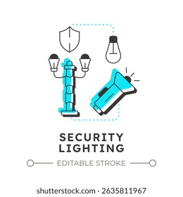 Security lighting flat outline concept icon. Physical protection audit component. Enhance visibility on territory. Modern line illustration with blue glyphs. Conceptual visual. Easy to edit