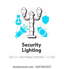 Security lighting flat outline concept icon. Physical protection audit component. Enhance visibility on territory. Modern line illustration with blue glyphs. Conceptual visual. Easy to edit