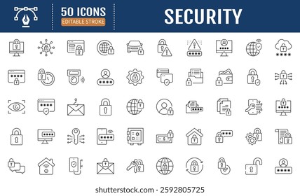 Security Line Editable Icon set. Containing lock, unlock,
password. Guard, shield, eye access, electronic check,
firewall. Internet protection, laptop password and more.
Vector Illustration