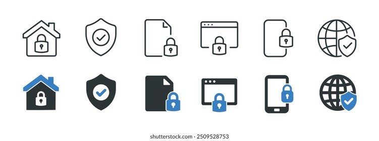 Colección de iconos sólidos de líneas de seguridad y glifos. Icono mínimo y Ilustración vectorial de la serie de símbolos