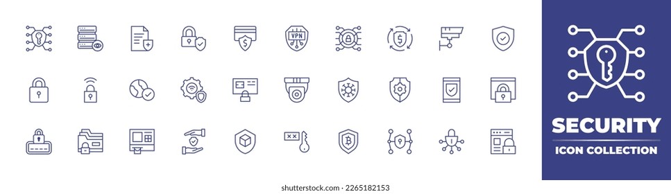 Security line icon collection. Editable stroke. Vector illustration. Containing secure payment, padlock, insurance, server, key, credit card, protection, world, smart lock, security, data security.