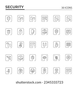 Colección de iconos de línea de seguridad. Iconos de contorno delgados en el conjunto de rectángulos. Trazo editable