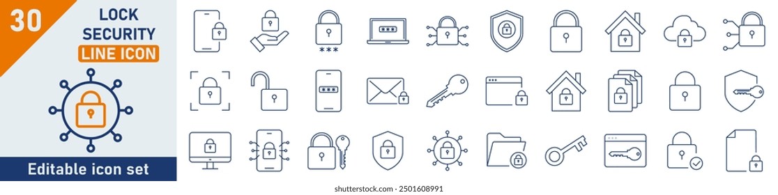 Security line icon set. Set of 30 outline icons related to security, lock, password, protection. Linear icon collection. Security outline icons collection. Editable stroke. Vector illustration.