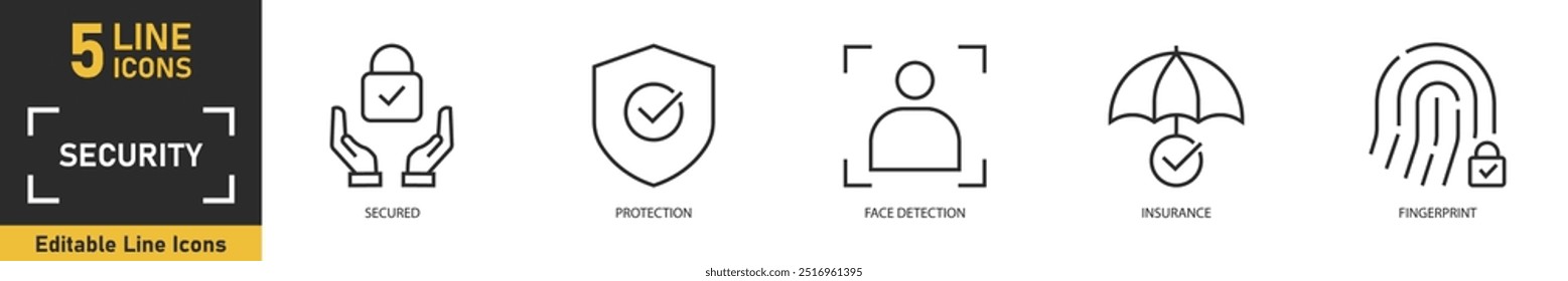 Conjunto de iconos de línea de seguridad. Conjunto de 5 iconos de contorno relacionados con seguro, protección, detección de rostros, seguro, huellas dactilares y más. Ilustración vectorial.