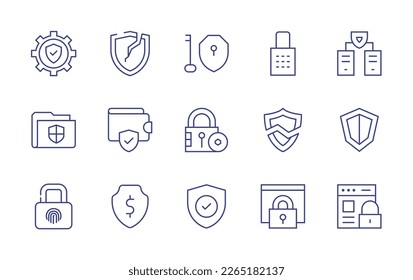 Security line icon set. Editable stroke. Vector illustration. Containing secure, shield, key, padlock, server, secure folder, wallet, security, security breach, lock, online security.