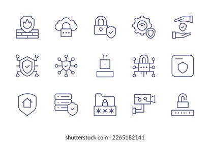 Security line icon set. Editable stroke. Vector illustration. Containing firewall, cloud, padlock, protection, security, cyber security, secure, home insurance, server, folder, cctv, password.