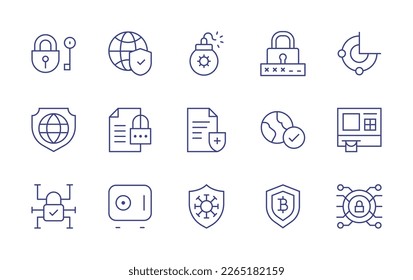 Security line icon set. Editable stroke. Vector illustration. Containing lock, security, padlock, password, vpn, protection, insurance, world, safe box, antivirus, secure payment, security system.