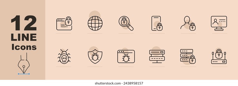 Security line icon set. Internet, antivirus, smartphone, password, hacking, lock, key, server, monitor. Pastel color background. Vector line icon for Business