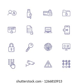 Security line icon set. Surveillance camera, warning, fingerprint. Protection concept. Can be used for topics like safety, secured access, personal data