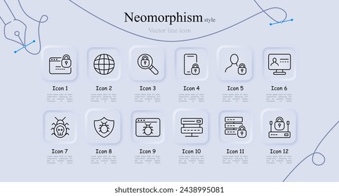 Symbol für Sicherheitslinie gesetzt. Website, Fehler, Server, Schild, Internet, Schloss, Passwort, Smartphone, Monitor, Hacker. In: Neomorphism Style. Vektorliniensymbol für Unternehmen