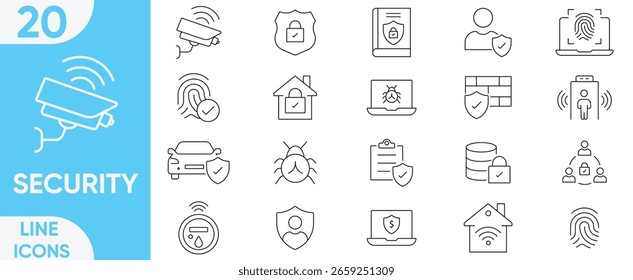 Security line icon vector and illustrator set.encryption, safety, insurance, data protection, key, shield, unlock, detector, sensor, locked, password more.Editable stroke.
