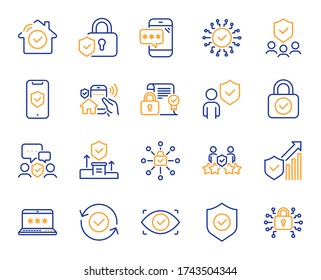 Security line icons. Cyber lock, password, unlock. Guard, shield, home security system icons. Eye access, electronic check, firewall. Internet protection, laptop password. Vector