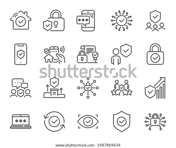 Security\
line icons. Cyber lock, password, unlock. Guard, shield, home\
security system icons. Eye access, electronic check, firewall.\
Internet protection, laptop password.\
Vector