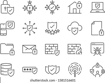 Security line icons. Included icons as cyber lock, password, unlock, guard, shield, home security system, firewall and more.