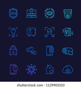 Security line icons set, biometric screening, face recognition, secure server and software