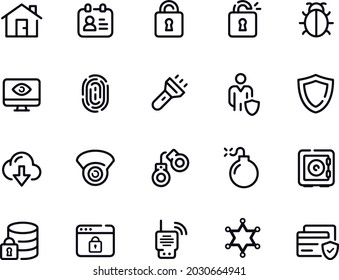 Symbole für Sicherheitslinien gesetzt. Cyber-Sperre, Entsperren, Passwort. Guard, Schild, Home Security System Symbole. Augenzugang, elektronischer Scheck, Firewall
