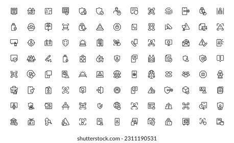 Iconos de línea de seguridad establecidos. Ciberbloqueo, desbloqueo, contraseña. Proteger, proteger, iconos del sistema de seguridad doméstica. Acceso a la vista, cheque electrónico, cortafuegos. Protección de Internet, contraseña del portátil.Icono de esquema.

