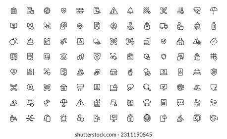 Iconos de línea de seguridad establecidos. Ciberbloqueo, desbloqueo, contraseña. Proteger, proteger, iconos del sistema de seguridad doméstica. Acceso a la vista, cheque electrónico, cortafuegos. Protección de Internet, contraseña del portátil.Icono de esquema.
