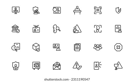 Security line icons set. Cyber lock, unlock, password. Guard, shield, home security system icons. Eye access, electronic check, firewall. Internet protection, laptop password.Outline icon.

