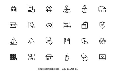 Iconos de línea de seguridad establecidos. Ciberbloqueo, desbloqueo, contraseña. Proteger, proteger, iconos del sistema de seguridad doméstica. Acceso a la vista, cheque electrónico, cortafuegos. Protección de Internet, contraseña del portátil.Icono de esquema.
