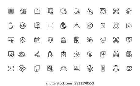 Security line icons set. Cyber lock, unlock, password. Guard, shield, home security system icons. Eye access, electronic check, firewall. Internet protection, laptop password.Outline icon.
