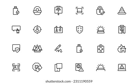 Security line icons set. Cyber lock, unlock, password. Guard, shield, home security system icons. Eye access, electronic check, firewall. Internet protection, laptop password.Outline icon.
