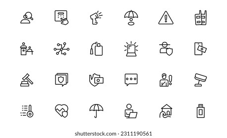 Security line icons set. Cyber lock, unlock, password. Guard, shield, home security system icons. Eye access, electronic check, firewall. Internet protection, laptop password.Outline icon.
