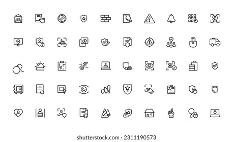 Iconos de línea de seguridad establecidos. Ciberbloqueo, desbloqueo, contraseña. Proteger, proteger, iconos del sistema de seguridad doméstica. Acceso a la vista, cheque electrónico, cortafuegos. Protección de Internet, contraseña del portátil.Icono de esquema.
