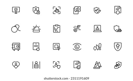 Security line icons set. Cyber lock, unlock, password. Guard, shield, home security system icons. Eye access, electronic check, firewall. Internet protection, laptop password.Outline icon.
