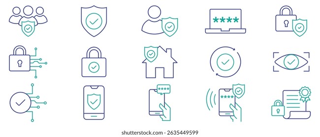 Conjunto de ícones da linha de segurança. Bloqueio cibernético, desbloqueio, senha. Ícones do sistema de segurança da proteção, blindagem e home. Acesso aos olhos, verificação eletrônica, firewall. Proteção para a Internet, senha de laptop. Conjunto linear. Vetor 