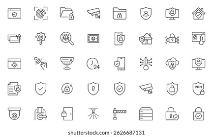 Security line icons set. Guard, cyber security, password, smart home, safety, data protection, key, shield, lock, unlock, eye access. Vector illustration.