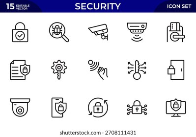 Security line icons set. Guard, cyber security, password, smart home, safety, data protection, key, shield, lock.Thin outline icons pack. Vector illustration