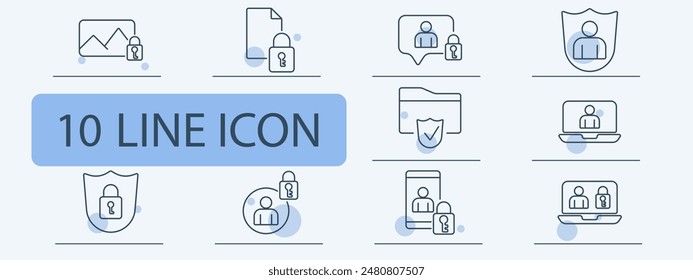 Iconos de línea de seguridad establecidos. Imagen bloqueada, documento, chat, folder, shield, laptop, smartphone. Privacidad, protección, concepto de seguridad de datos