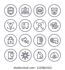 Security line icons set on white, biometric screening, face recognition, video surveillance, secure server, strongbox