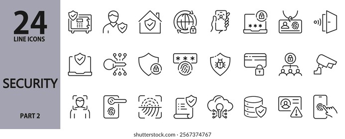 Security line icons set with Protection, Payment, Fingerprint, Password, Face, Safety, Lock, Computer, Camera, Data, Access and more. Editable Stroke