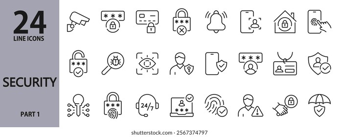 Security line icons set with Protection, Payment, Fingerprint, Password, Face, Safety, Lock, Computer, Camera, Data, Access and more. Editable Stroke