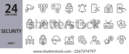 Security line icons set with Protection, Payment, Fingerprint, Password, Face, Safety, Lock, Computer, Camera, Data, Access and more. Editable Stroke