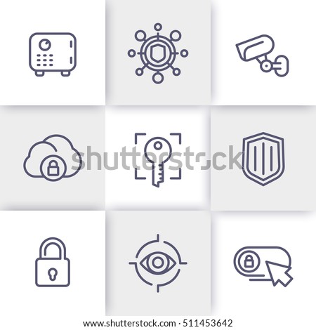 Security line icons set, secure transaction, strongbox, video surveillance, authentication, biometric recognition, safety