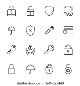 conjunto de iconos de línea de seguridad. Elementos vectoriales de trazo para el diseño moderno. Pictogramas simples para concepto móvil y aplicaciones web. Iconos de línea de vectores aislados en un fondo blanco. 