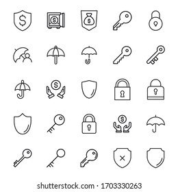 conjunto de iconos de línea de seguridad. Elementos vectoriales de trazo para el diseño moderno. Pictogramas simples para concepto móvil y aplicaciones web. Iconos de línea de vectores aislados en un fondo blanco. 